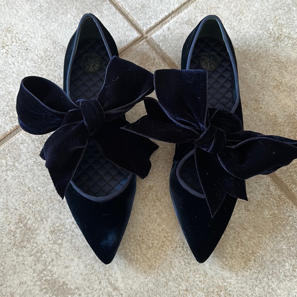 Tory Burch Clara Velvet Bow Flats, Navy Blue, Size 7.5M